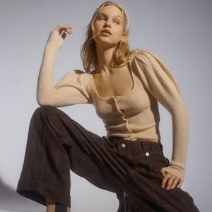 Urban Outfitters UO Ashley Puff-Sleeve Cardigan in Neutral